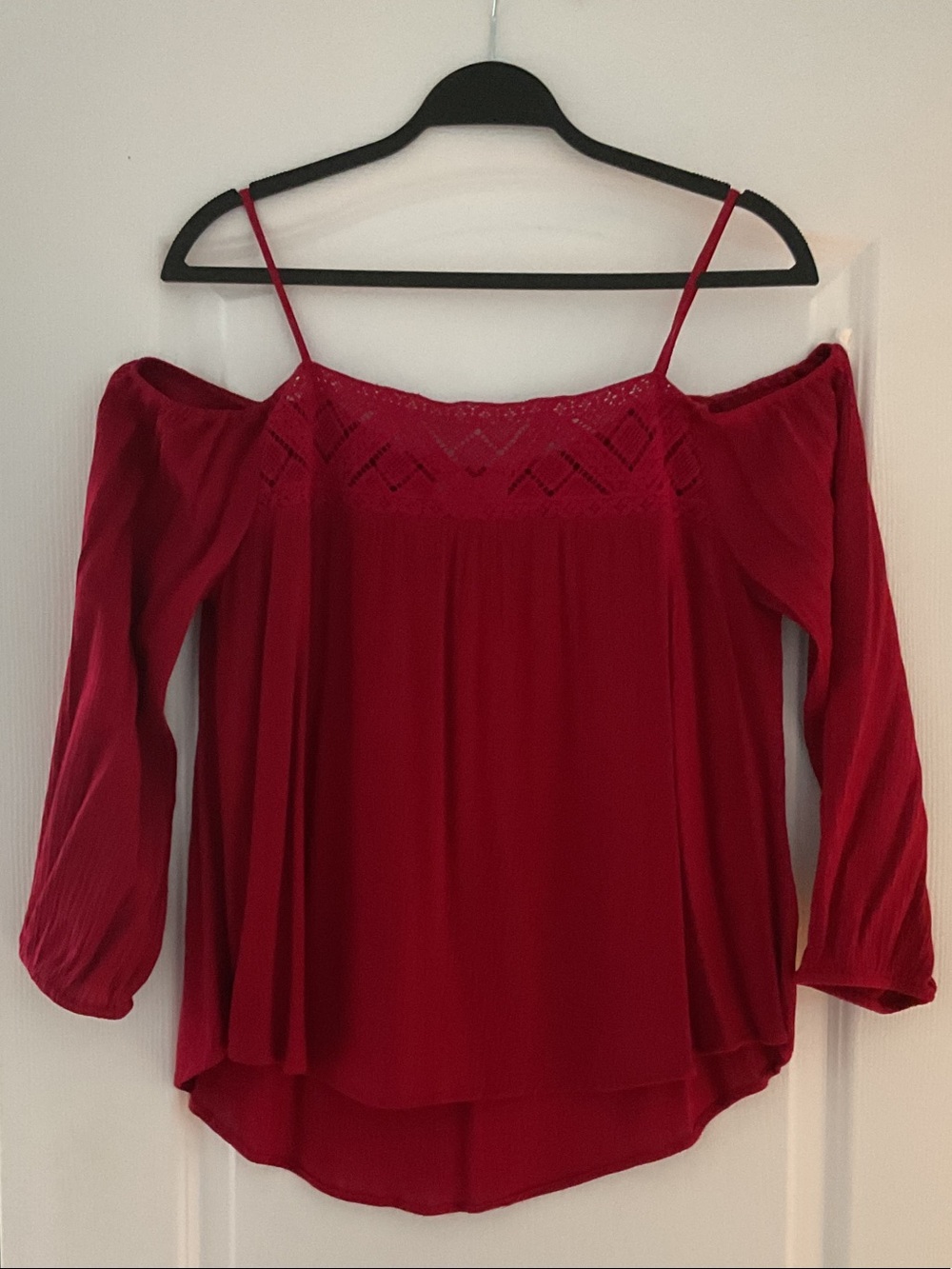 Cold-Shoulder Red Women's Blouse with Lace Yoke